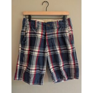 Hollister Y2K Mens Plaid Shorts Navy Blue Red White Cotton Size 28 Preppy Beach